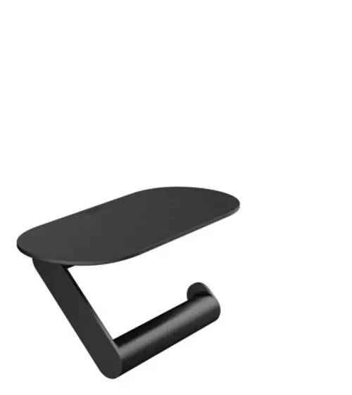 Toilettenpapierhalter in Mattschwarz mit einer Ablagefläche, montiert an einer Wand. Das Design ist schlicht und modern, hergestellt von Hansgrohe.